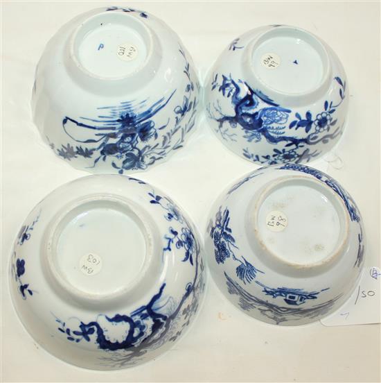 Four Worcester blue and white small bowls, c.1756-80, diam. 4in. - 4.75in.